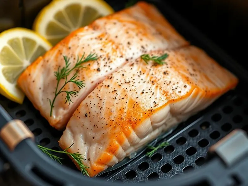 Mehevä lohifilee rapean nahkan kanssa airfryerin korissa