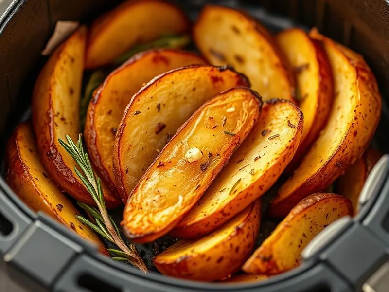 Rapeat maustetut lohkoperunat airfryerin korissa kultaisina