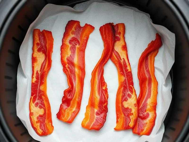 Rapeita pekonisiivuja airfryerin korissa tasaisesti kypsennettyinä