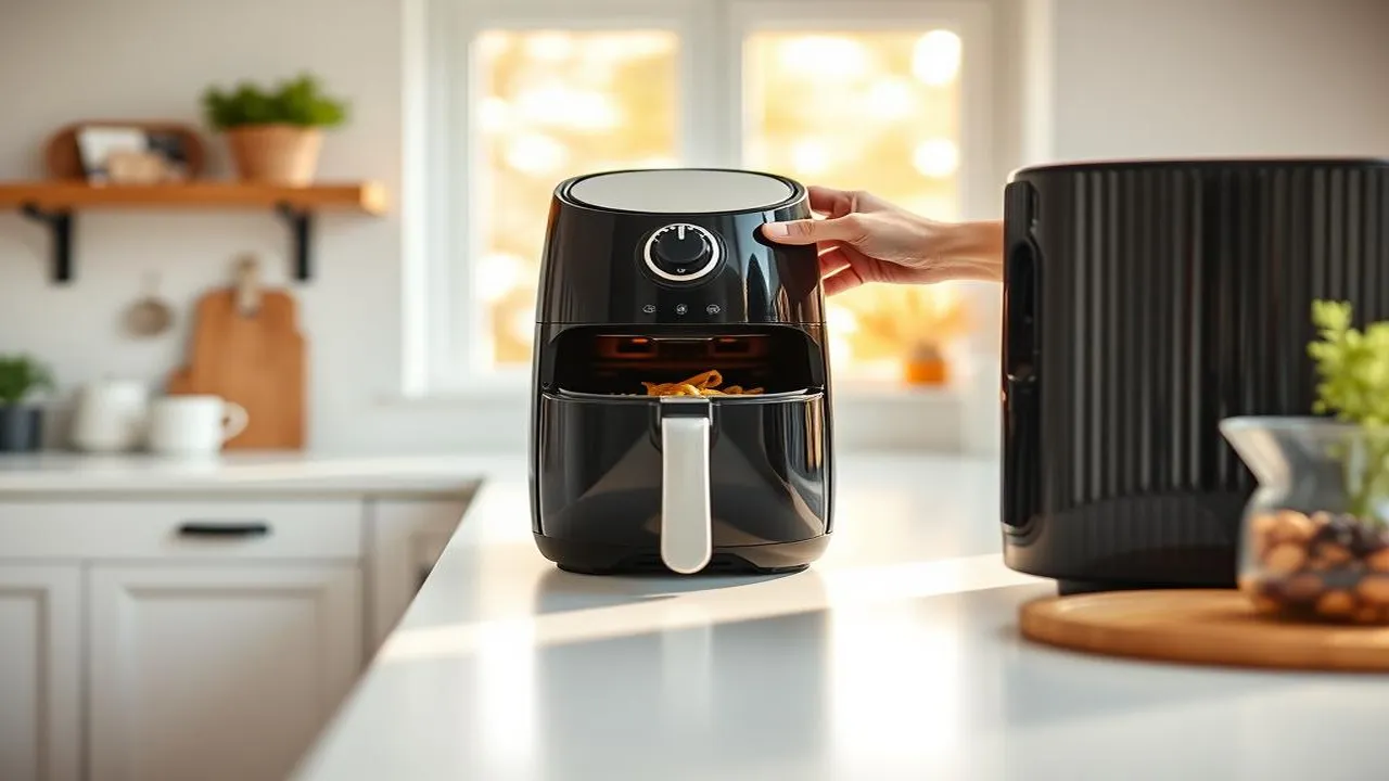 Airfryer-opas – kiertoilmakypsennin keittiön pöydällä tarvikkeineen